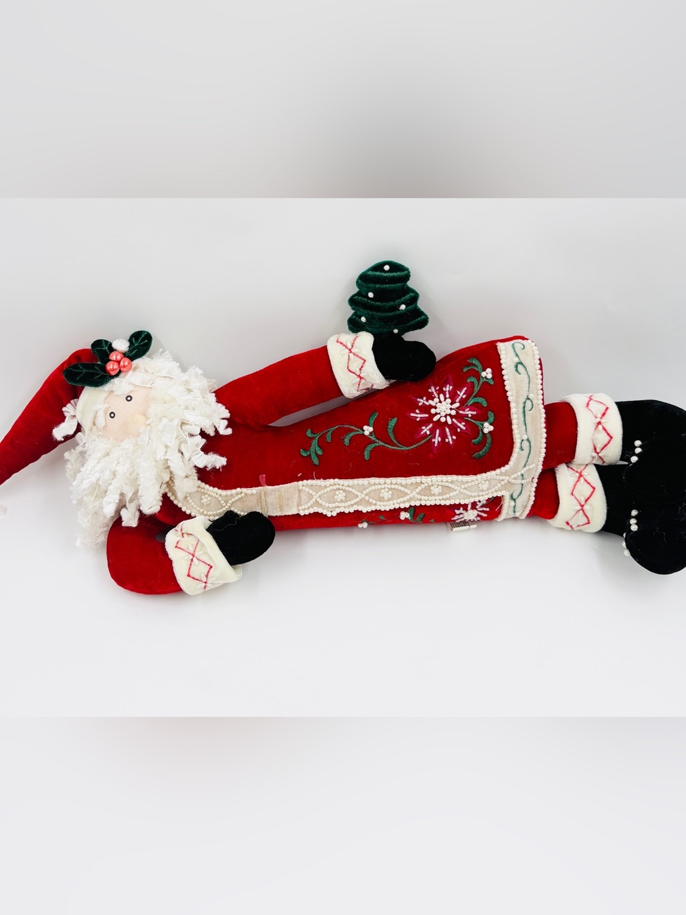 VTG Velvet Plush Beaded Embroidered Santa Claus Christmas Door Knob Hanger Decor